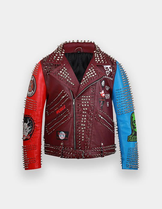 Punk Rock Gothic Studded Jacket, Steampunk Patches Motorbike Cowhide Leather Jacket, Men's Handmade Brando Heavy Metal Jacket,